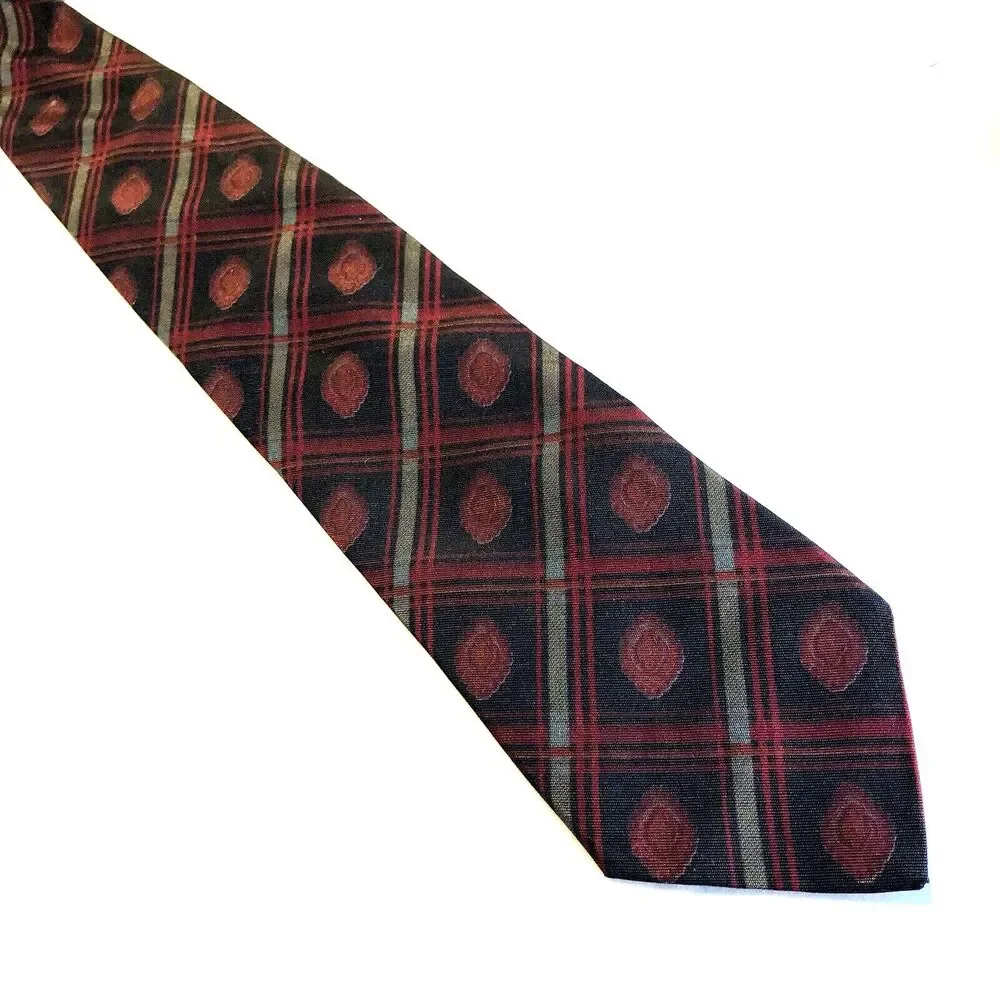 Tango Max Raab Tie Vintage Plaid Cherry Rayon Black Brown Red Vegas Casino Mafia